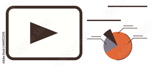 Play button enclosed in a screen frame beside a segmented pie chart with labeled lines. Ideal for analytics, data presentation, media, marketing, strategy, research, reporting. Clean flat metaphor