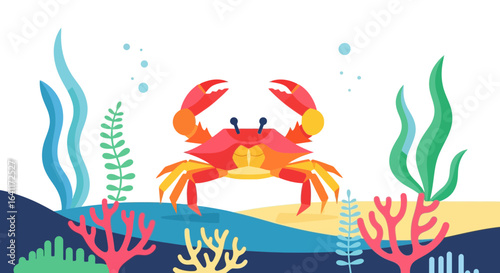 Illustrative underwater scene with stylized crab and aquatic flora fauna