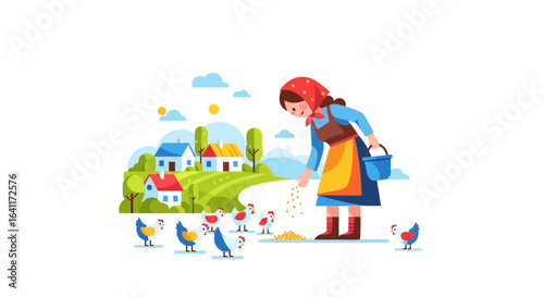 Illustrative woman feeding chickens in a quaint countryside setting vector