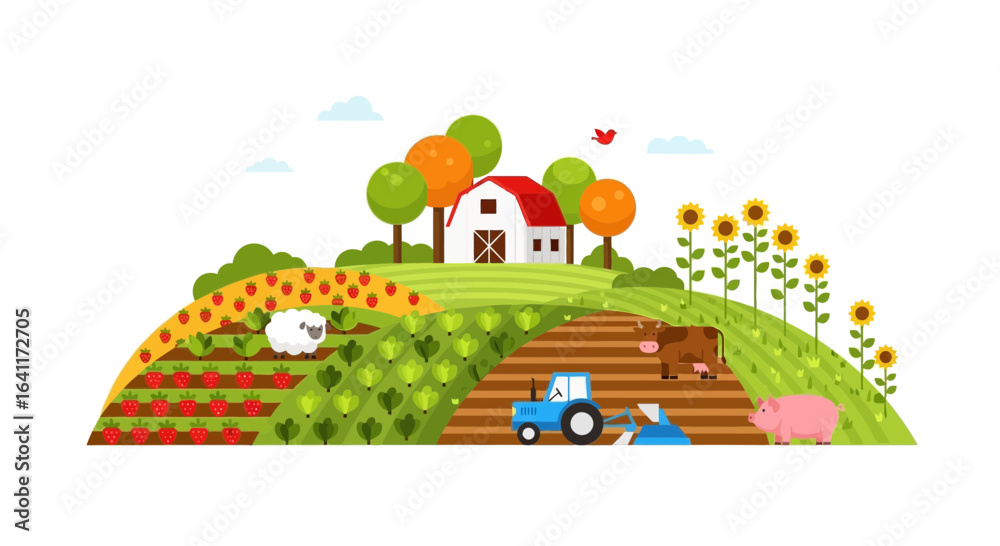 Naklejka premium Lush agricultural landscape illustration with charming farm animals and crops