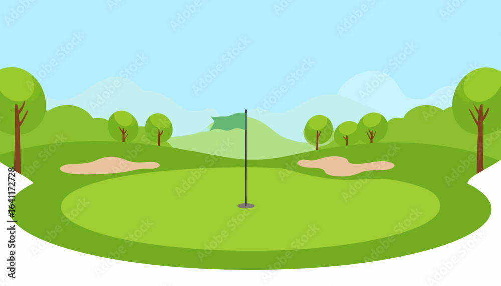 Obraz premium Green golf course landscape illustration with flagstick, putting green, and sand bunkers on a summer day.
