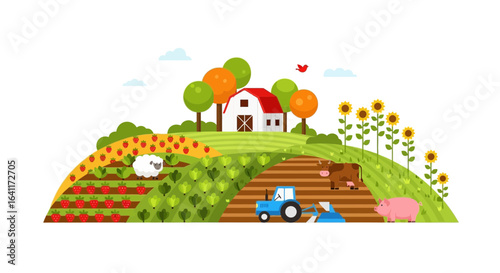 Lush agricultural landscape illustration with charming farm animals and crops