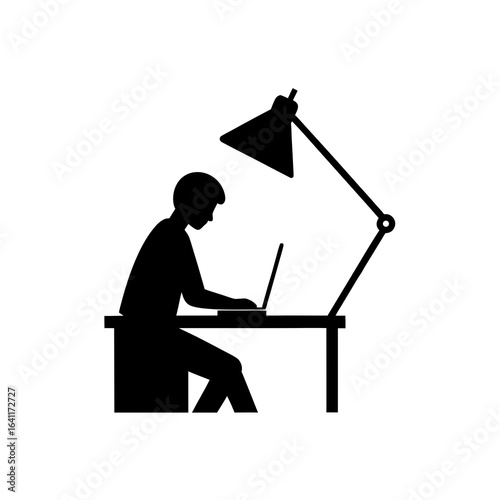  silhouette of a person typing on a laptop under a desk isolated on white background