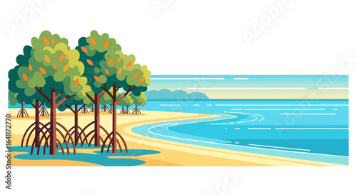 Mangrove trees thrive along coastline in tropical landscape serenity