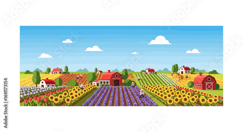 Rural farm landscape scenery with vibrant blooming flowers and field crops