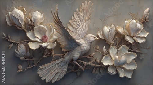 A detailed, three-dimensional rendering features a white bird in flight amidst blooms