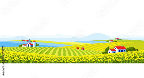 Scenic summer landscape with blossoming fields and farmhouses vector