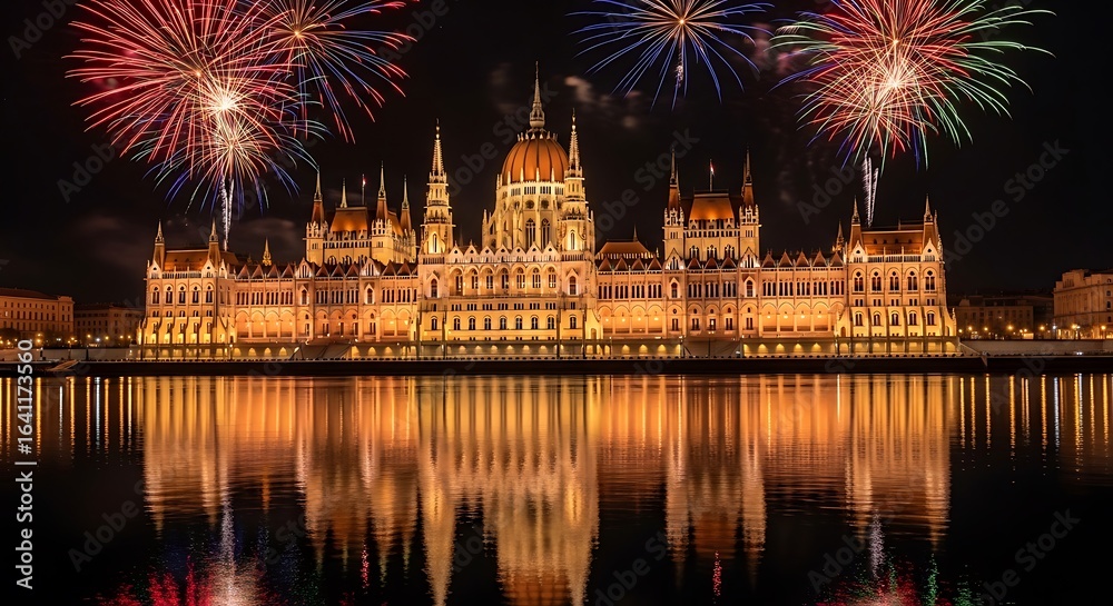 Naklejka premium Budapest Parliament Building Fireworks Celebration at Night