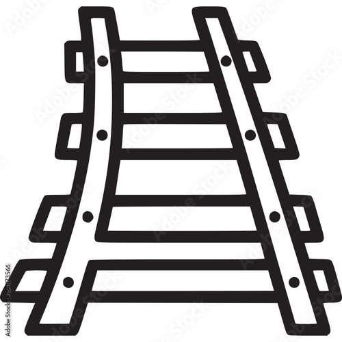 A minimalist line art illustration of railroad tracks, isolated on white background, showcasing the infrastructure of train transportation and the journey of travel