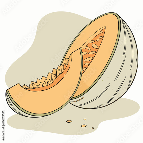 Illustration of a ripe cantaloupe melon cut in half with a slice removed, showcasing its vibrant orange flesh and seeds