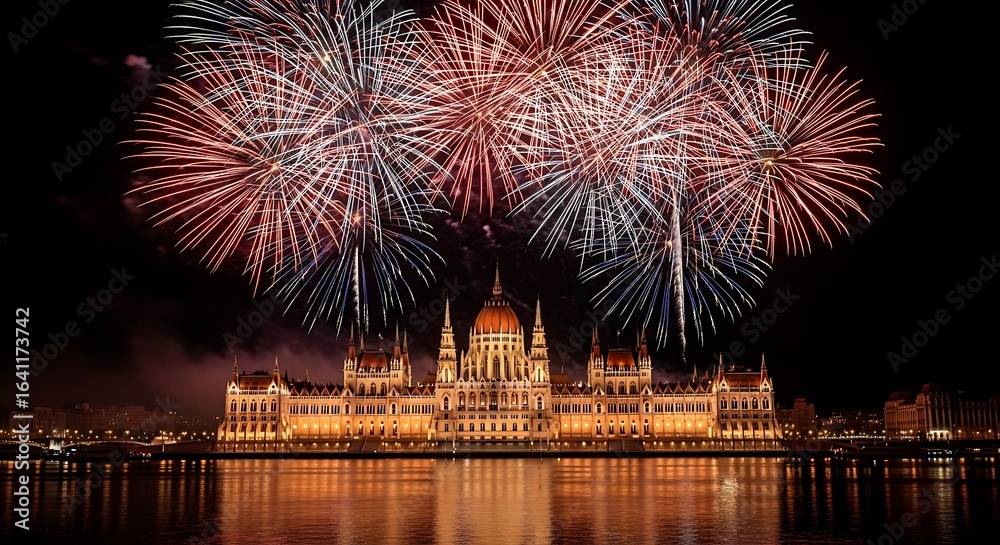 Obraz premium Budapest Parliament Building with Fireworks Display over Danube River at Night