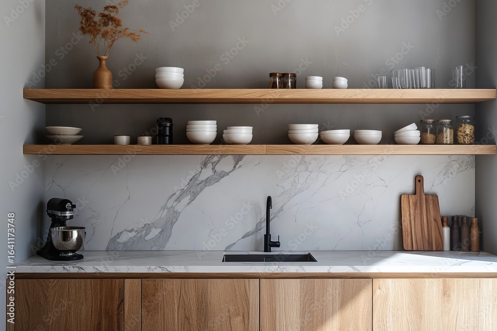 Obraz premium Modern minimalist kitchen with wooden shelves and marble backsplash