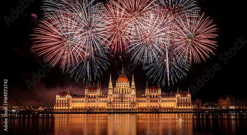 Budapest Parliament Building with Fireworks Display over Danube River at Night