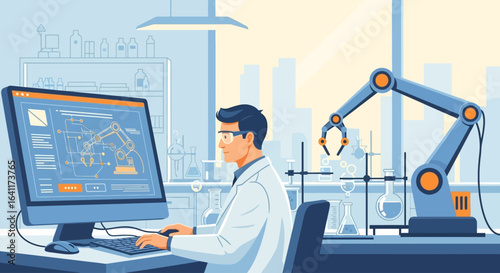 A scientist in a lab coat working with a robotic arm on a computer.
