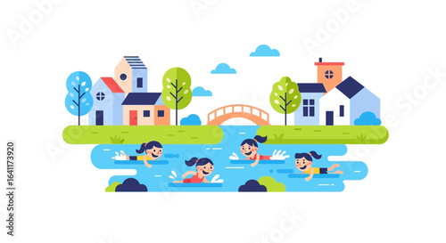 Stylized girls swimming in a cartoon river with buildings, trees, bridge
