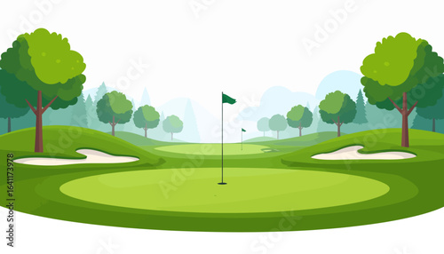 Scenic golf course landscape illustration with a putting green, flag, and sand bunkers. A concept for outdoor sport, leisure, and recreation.