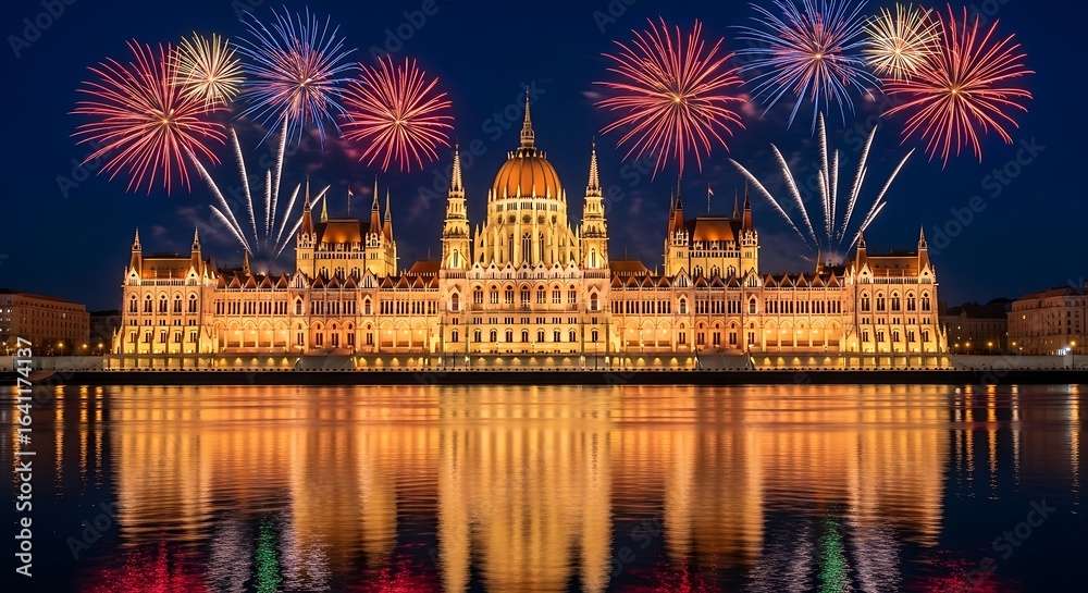 Naklejka premium Budapest Parliament Building with Fireworks over Danube River at Night