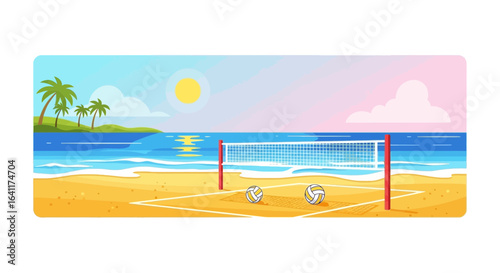 Vibrant beach volleyball scene with palm trees and calm ocean waters