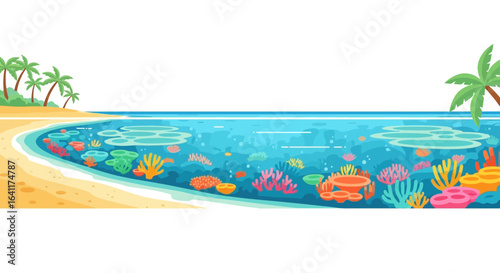 Vibrant coral reef ecosystem illustration with tropical island scenery
