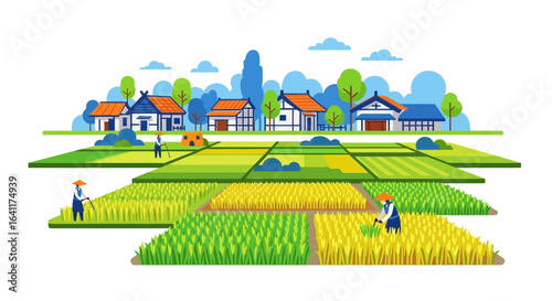 Vibrant layered illustration of rice fields and rural community in asia
