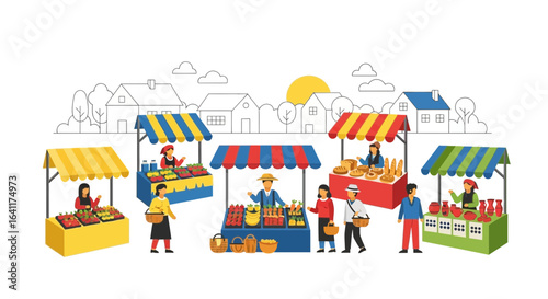 Vibrant marketplace scene with vendors and customers in the town backdrop
