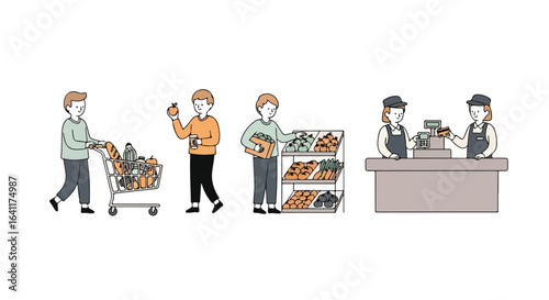 Illustrated grocery shopping scene depicting customers selecting produce, filling a cart, and checking out at the cashier for use in retail, marketing, or educational content.