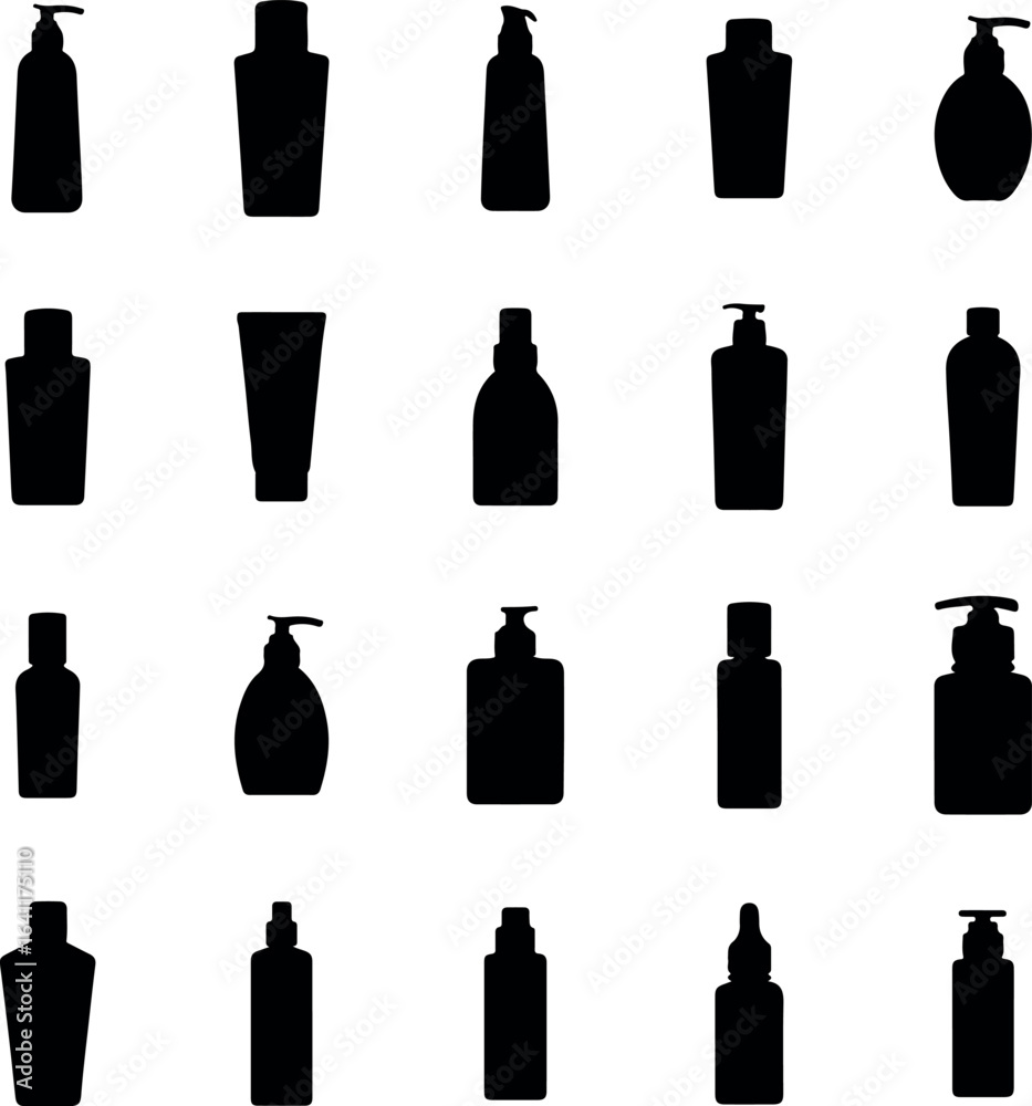 Fototapeta premium Elegant silhouette of multiple cosmetic bottles isolated on transparent background for beauty branding