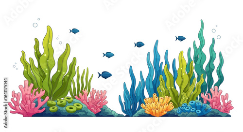 Vibrant underwater marine life scenery with algae, coral, and colorful fishes