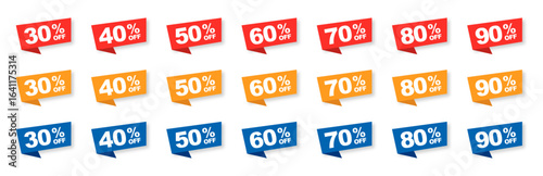 Vector Illustration 30, 40, 50, 60, 70, 80, 90 Percent Off Banner. Modern Red Web Label
