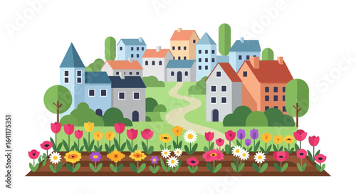Whimsical vector illustration of a colorful houses on green hills landscape