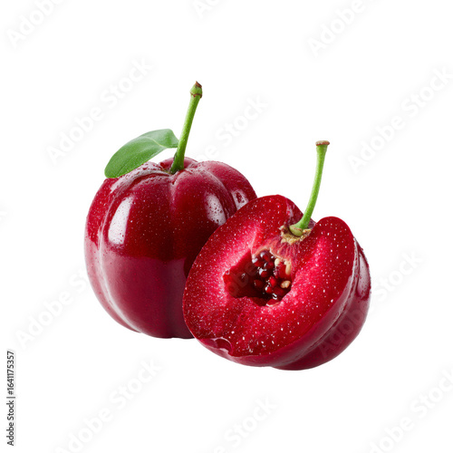 Juicy Acerola Cherries Whole and Halved with Dew Drops