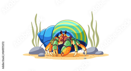 Whimsical underwater scene featuring a hermit crab in a vibrant shell