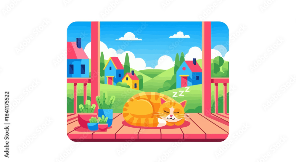 Naklejka premium Lazy afternoon: A serene cartoon view with a sleeping cat on the porch