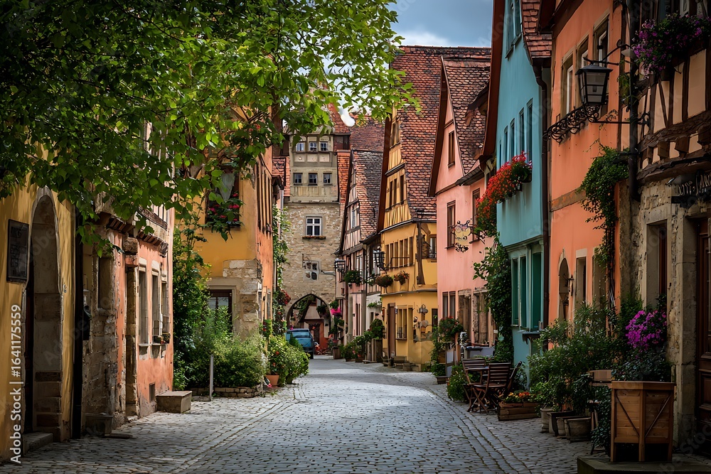 Fototapeta premium Charming european cobblestone street lined with colorful buildings.