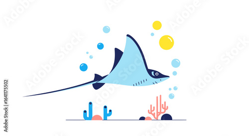 Undersea World: Cartoon Stingray Gliding Through the Coral Reef Scene