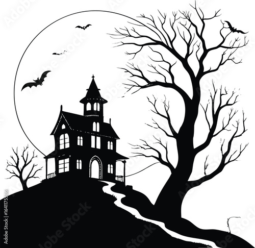 haunted house on hill with bats and moonlight