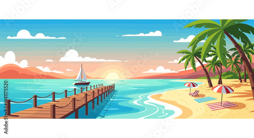 Tropical paradise escape: Serene beach scene with sailboat and palm trees