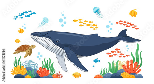 Underwater world with diverse marine life: whale, turtle, jellyfish and fish