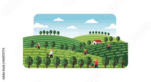 Captivating rural scene of orchard harvest with farmers and quaint house