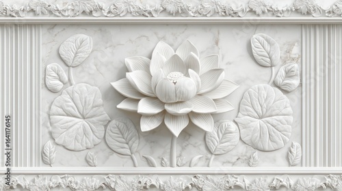 Intricate white marble relief depicting a lotus flower, leaves, and elegant details