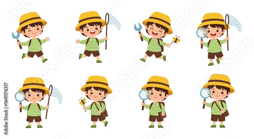 A cheerful young boy in a hat and green shirt, engaged in various outdoor activities like bug catching and exploring with a magnifying glass and net.