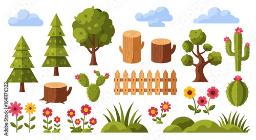 A collection of stylized natural elements including various trees, cacti, flowers, wooden stumps, a picket fence, and fluffy clouds, all depicted in a vibrant, illustrative style.