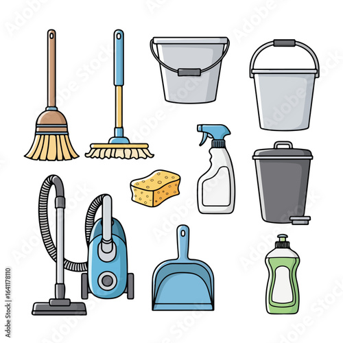 Cleaning Supplies and Equipment Illustration Set for Home Cleaning Services, DIY Projects, or Educational Materials on Hygiene and Sanitation