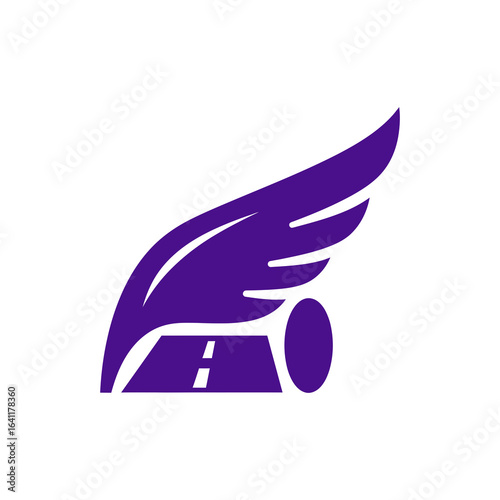 Dynamic purple icon of a winged road symbolizing speed travel and fast delivery.