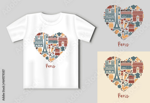 Vector heart of Paris with Eiffel Tower, Arc de Triomphe, Notre Dame and cultural icons in flat style on white t shirt mockup for travel and souvenir themes