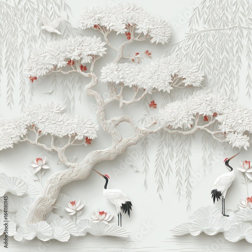 Elegant white trees with red accents, origami birds, and cranes on a light background