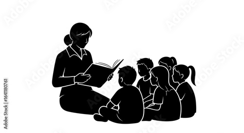 Teacher Reading to Kids Silhouette: Education, Storytime, and Learning