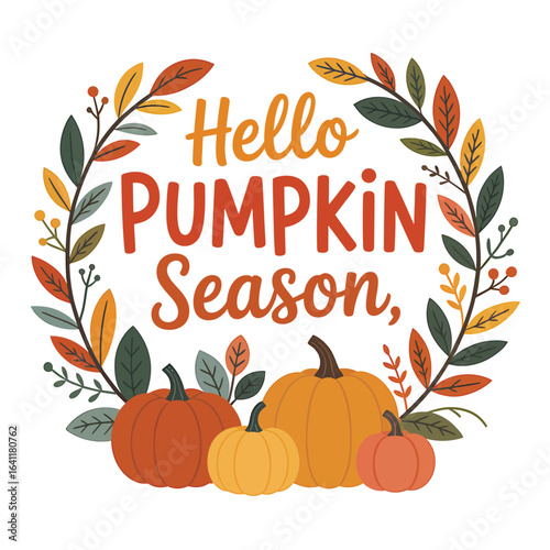 Autumnal wreath with pumpkins and text fall seasonal