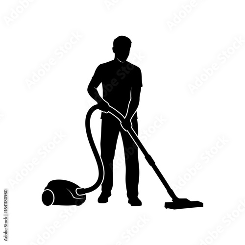 Man Vacuuming Silhouette Icon: Cleaning, Housekeeping, and Chores