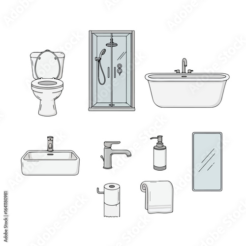 Minimalist Bathroom Fixture Set Illustration for Interior Design Projects and Plumbing Services, Ideal for Mockups and Architectural Blueprints